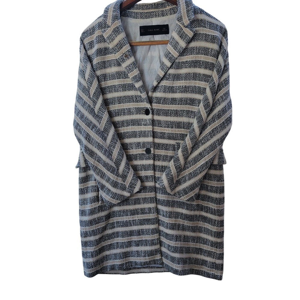 Zara Basic Striped Longline Coat Womens Small Black White Beige Excellent Woven